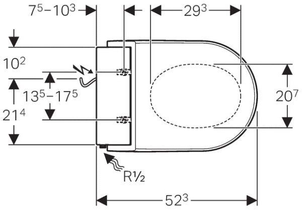 Technische tekening Geberit AquaClean Tuma montage